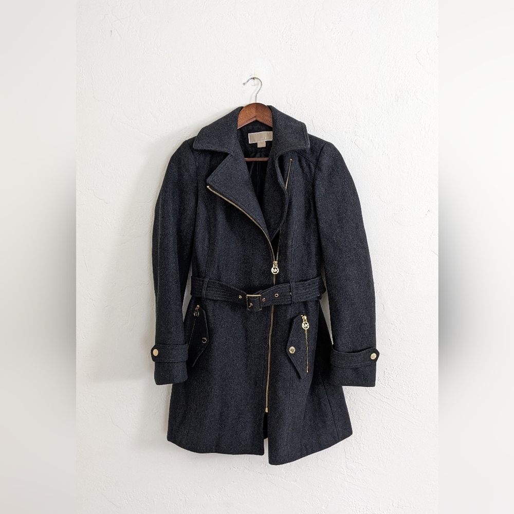 MICHAEL KORS Gray gold Zipper Asymmetrical Belted Coat Small Wool gray.